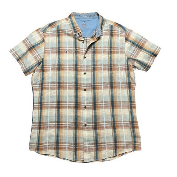 KUHL Skorpio Short Sleeve Button Down Shirt Tan Blue Plaid Size XL - Picture 1 of 5